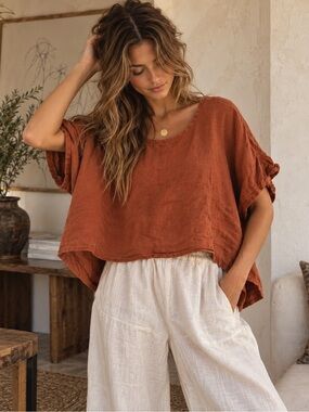 Elizabeth Suzann OSM Rust 100% Linen Oversized Crop Top Tunic